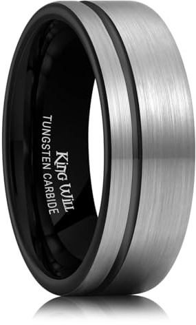 King Will Anello nuziale a fascia in carburo di tungsteno, 6 mm e 8 mm, linea in oro rosa, anello nero e argento spazzolato, bordi piatti/smussati, vestibilità comoda, Carburo di tungsteno, Non pietra