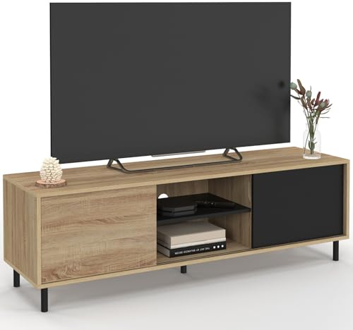 IDMarket - Meuble TV 140 cm Easy Montage sans Outils 2 Portes coulissantes réversibles Effet Bois et Noir