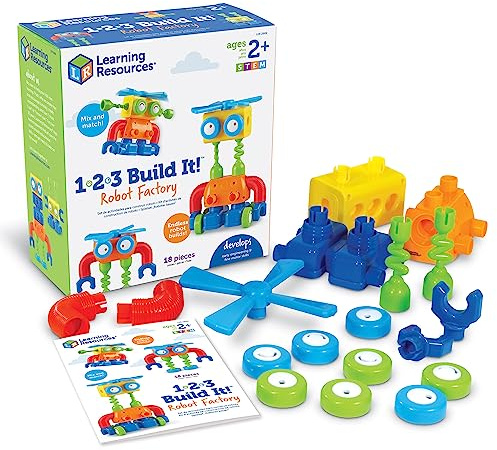 Learning Resources 1-2-3 Build It! Robot Factory - Building Toys, Early Engineering and Science, STEM Activities, Fine Motor Skills, Toddler Explorer Kit, Construction Bots, Boys and Girls Gifts