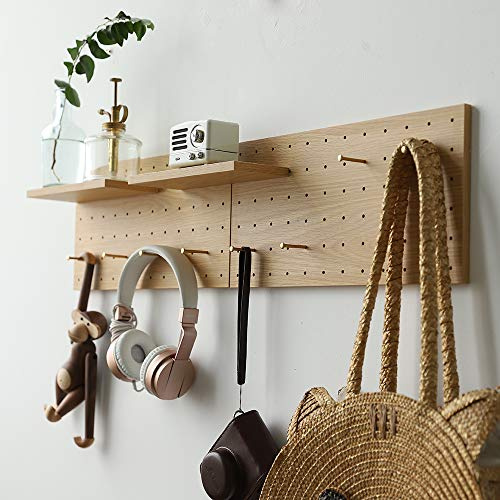 XAOHOME Wooden Pegboard, Sturdy Peg Board for WallsModular Grid Organizer, DlY Storage and Display Panels withShelves and Brass Hooks(Color:Oak)