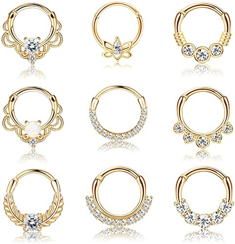 CASSIECA 9 piercing per naso, 16 g, in acciaio chirurgico ipoallergenico, per trago, piercing al setto, anelli in opale CZ Helix Cartilage Piercing Conch Daith Piercing per orecchio, 8 mm, Lacca Opale