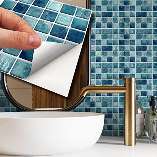 WALPLUS 15cm(6) 24 Pieces Mother Pearl Turquoise Jewel Mosaic Wall Tile Sticker Set Peel and Stick Backsplash Decals Vinyl Home Decors Splashback for Kitchen Bathroom Tile Paint Stick on Wall
