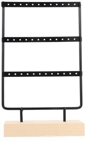 HOMSFOU Eisen-Ohrring-Organizer, 3 Ebenen, Ohrstecker-Halter, Schmuck-Organizer, Ständer, Halsketten-Hängehalter mit Holzsockel, für Damen, hängende Ohrringe, Schmuck, schwarz