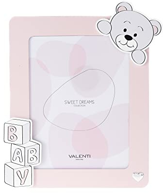 Valenti & Co - Cornice Porta Foto rosa in legno con Orsetto, da Tavolo o da appendere come decorazione in cameretta, idea regalo per Neonato e Bambino - 18x24