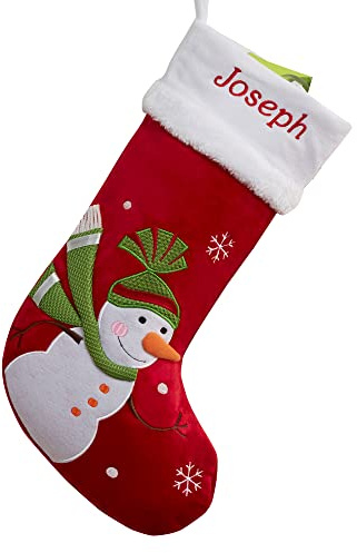 Personalization Universe Santa Claus Lane Personalized Christmas Stocking Collection - Customizable with Embroidered Name, Snowman Applique Detail, 17 x 8, Christmas Decorations
