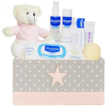 Mirifarma Canastilla Bebé Junior | Cesta Bebé Regalo con Caja Multiusos Estrella y Peluche Osito | Gel Dermolimpiador, Colonia Bebé, Crema Bálsamo, Toallitas Suavizantes y Esponja de Baño (Rosa)