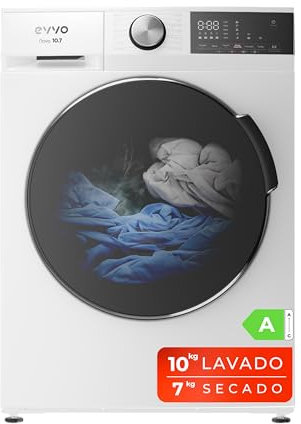 EVVO Lavadora secadora 10 kg + 7 kg, Vapor, Motor Inverter, Lavado y Secado en 1 Hora, Tambor ePROTECT, Smart LOAD, 1400 rpm, Clase energética A, Carga Frontal, Nova (10/7kg, Blanco)