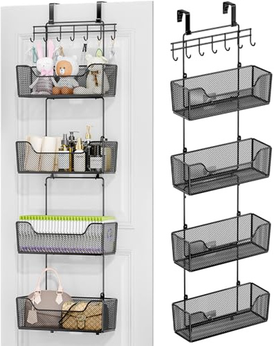 HapiRm Over The Door Organizer - Hanging Door Organizer with 4 Metal Large Capacity Baskets and Adjustable Coat Hook for Bathroom Bedroom Kitchen Pantry Closet Cabinet