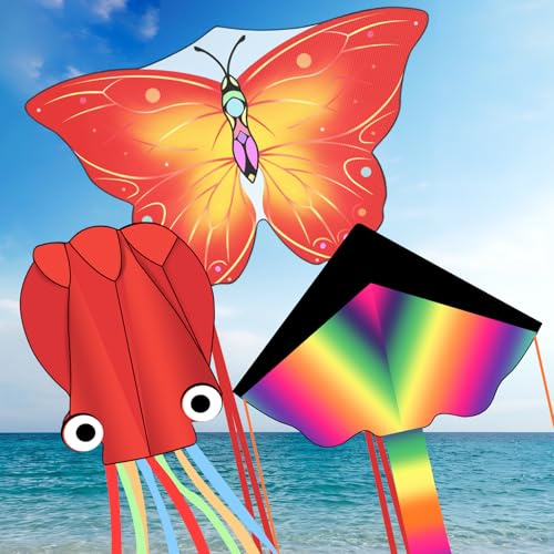 Crogift 3 Pack Large Kites, Easy to Fly Large Butterfly, Giant Red Octopus & Colorful Delta Kite for Beach Trip - Perfect Kites for Kids Ages 4-8 8-12, Gifts for Easter and Festival