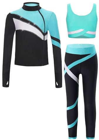 iEFiEL 3tlg. Mädchen Sportanzug Trainingsanzug Kinder Langarm Tops, Weste und Leggings Atmungsaktiv Yoga Anzug Kinder Jogginganzug Fitnessbekleidung Blau Grün 134-140