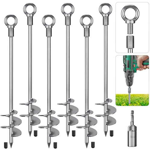 Insaga 24'' Ground Anchors Screw in Heavy Duty 12mm Solid Steel, 3 Spiral Blade with Smooth Edges, Fully Welded Design for Mobile Home, Shed, Trampoline, Swing Set, Carport, Earth, Tent, 6Pack