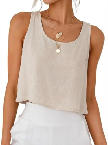 IDEALSANXUN Linen Tops for Women 2026 Summer Clothes Outfits Beach Vacation Cute Sleeveless Shirts Blouses Cropped Tank Top, Beige, S