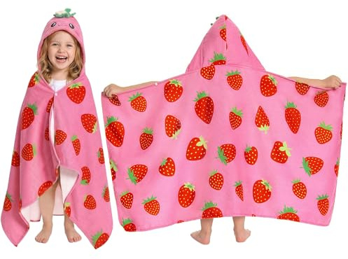 OLAOLA Toalla de Baño con Capucha para Niños, Toallas de Playa Microfibra Suave para Nadar Surfear, Poncho de Baño para Niños y Niñas de 3 a 12 Años (Fresa)