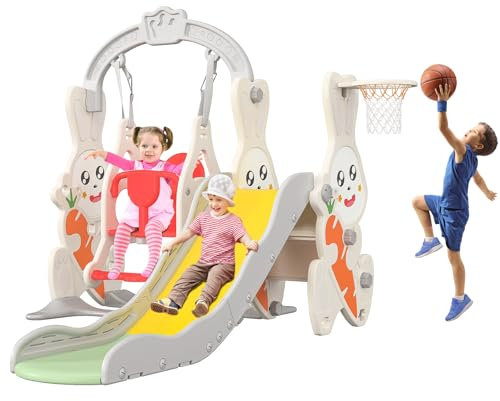Toboggan pour Enfant 4 en 1 avec Panier de Basket,Enfants Balançoire Toboggan autoportant, échelle d'escalade, Toboggans pour Enfant de 1 à 6 Ans - pour l'extérieur et l'intérieur