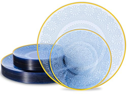 Ciselure 60PCS Blue Plastic Plates with Gold Rim, Lace Patterns Heavy Duty Disposable Plates Include 30 Dinner Plate 10 Inch and 30 Salad Plate 7 Inch for Party, Wedding, Transparent Blue