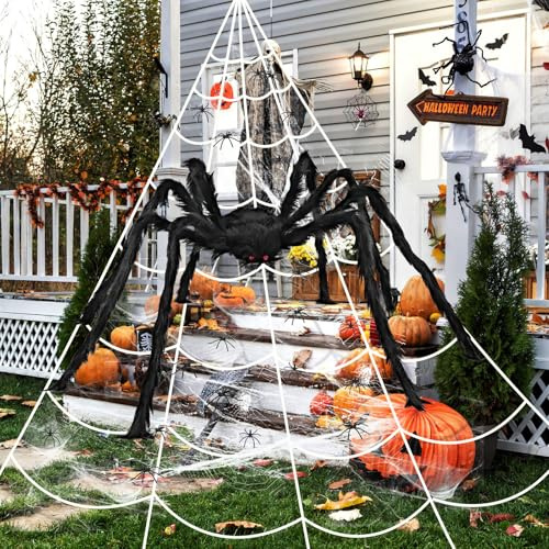 Shyllin Jätte spindel halloween dekoration utomhus, 5 m spindelnät set med 150 cm lång spindel, 20 mini spindlar, 40 g spindelväv, halloween dekoration spindlar stora för trädgård och hus