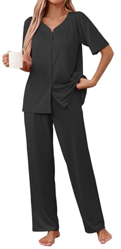 Famulily Women Short Sleeve Pajamas Set Button Up Pleated Tops and Long Wide Leg Bottoms Ladies Sleepwear Black M