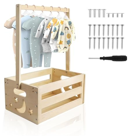 Baby Shower Crate Closet, Wooden Baby Basket with Handle Decorative Baby Clothes Rack Wood Shower Party Basket for Pregnancy New Parent (34x23x51.5cm)