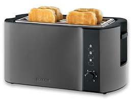 Severin Automatik-Langschlitztoaster, Toaster mit Brötchenaufsatz, hochwertiger Edelstahl Toaster mit großen Röstkammern und 1400 W Leistung, Auftau-Funktion, dark inox/schwarz, AT 9341