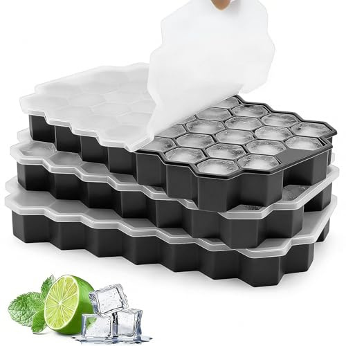 Zonopy Cubitera de silicona, pack de 3, 37 compartimentos para cubitos de hielo, recipientes apilables con tapa, para bebidas frías, whisky y cócteles, certificado LFGB y sin BPA, color negro