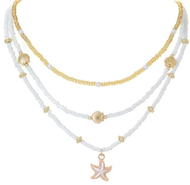 CYWQ Shell Starfish Necklace for Women 14k Gold Plated Boho Layered Beaded Charm Pendant Conch Summer Beach Vacation Jewelry Gifts
