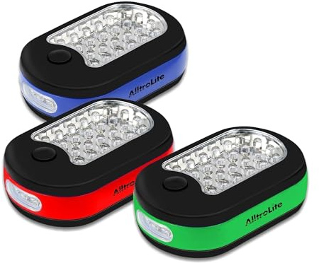 AlltroLite 3-Pack LED Work Light | Portable Magnetic Work Light with Rotatable Hook, Magnetic Back & Push Button | Battery Operated Pocket Work Lights for Car Repairing, Emergency, Hiking, Camping