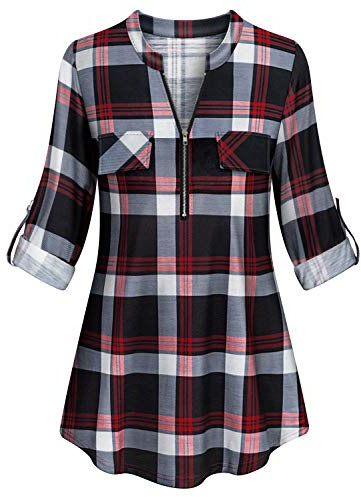 Office Shirts for Women,Tanst Ladies Tunic Tops Henley V Neck Curved Hem Roll Sleeve Relaxed Fit Checked Plaid Printed Youth Female Daily Wear Dressy Blouse Leggings Red M