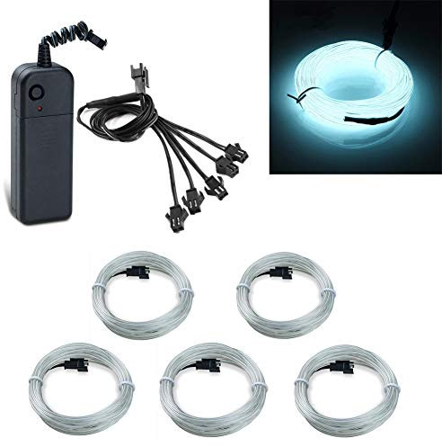 Kmruazre EL-Draht, 5 x 1 Meter Neon leuchtende Stroboskop-Elektrolumineszenz-EL-Draht-Leuchte mit Akku-Controller für Partys, Halloween, Automobil, Werbung, Hochzeit, Pub-Dekoration (Weiß)