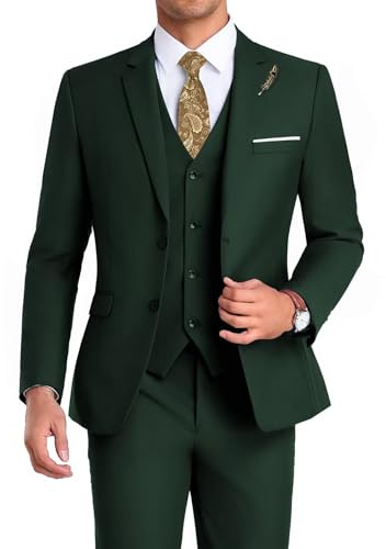 Ensemble de 3 pièces Haut de Gamme pour Homme - Coupe ajustée - Costume de Bal, de soirée - Deux Boutons - Style Business et décontracté - Vert - Poitrine 44''/Taille 38''