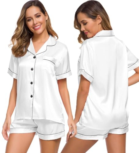 SWOMOG Conjunto de pijama de satén de seda para mujer, de manga corta, con botones y pantalones cortos, conjunto de pijama de 2 piezas XS-3XL, Blanco, M