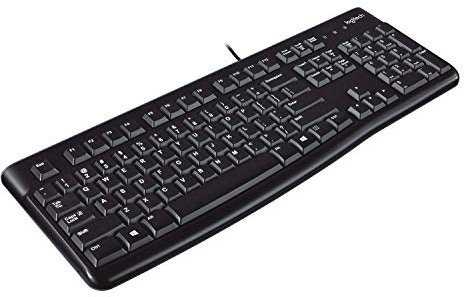 Logitech K120 Kabelgebundene Tastatur für Windows, USB-Anschluss, Leises Tippen, Robust, Spritzwassergeschützt, Einstellbare Tastaturaufsteller, Spanisches QWERTY-Layout - schwarz
