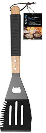 Chef Aid BBQ Spatula - Serrated Edge for Slicing Meat, Rubberized Handle for Flipping Burgers and Steaks with Ease. Easy Clean, Heat Resistant and Durable for Open Flames. Includes Bottle Opener