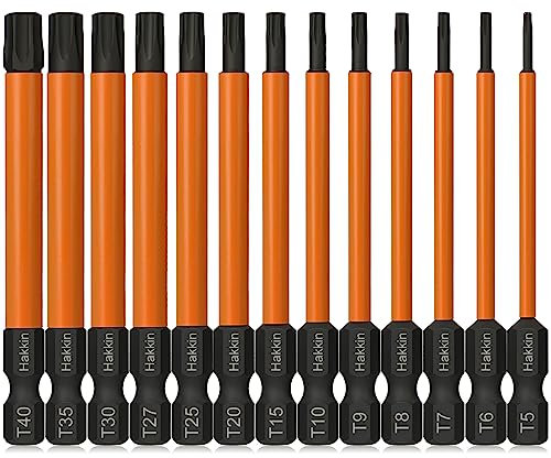 Hakkin Torx Bit Set 13Pcs Tamper Proof Security Torx Bits 75mm Premium S2 Steel 1/4” Hex Shank Magnetic Torx Screwdriver Bits for Power Impact Driver T5 T6 T7 T8 T9 T10 T15 T20 T25 T27 T30 T35 T40