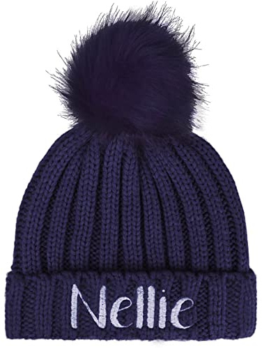TeddyT's Personalised Girls Soft Bobble Hat with Pom Pom (2-4 Years) (Navy)