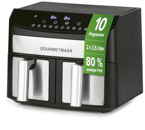 GOURMETmaxx Friteuse à air chaud à double chambre 2 x 3,5 L | Friteuse Airfryer en acier inoxydable avec zones de cuisson synchro, fonction minuterie & écran tactile | Friture à économie d'énergie
