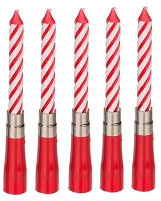 Dekohelden24 5er Set Geburtstagskerze mit Musik, Musikkerze, rot mit weißen Streifen, Happy Birthday, Größe: H/Ø 11 x 1,5 cm