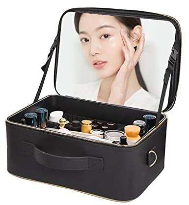 Makeup Bag Cosmetic Case Portable Travel Vanity Beauty Box , With Shoulder Strap And Dividers Compartment, Adjustable Dividers, Cosmetic Bag With Mirror, PU Leather Fabric,Black cosmetic case ( Color