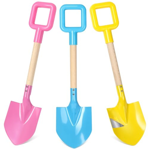 Dsmile 3Pcs Long Beach Shovels 16 Metal Kids Beach Spades Sand Shovels Toys with Wood Handle for Digging Shoveling Snow Sandbox Toys Set for Kids & Adults