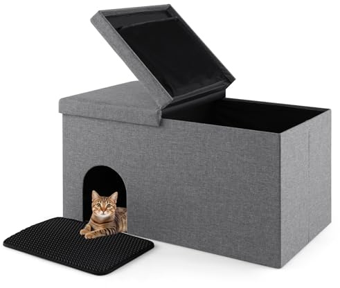 COSTWAY Cat Litter Box Enclosure, 3 in 1 Hidden Cat Washroom with Double Layer Litter Mat, Flip-up Lid, Odor Control Filter, Foldable Cats House Ottoman Shoe Bench (Grey)