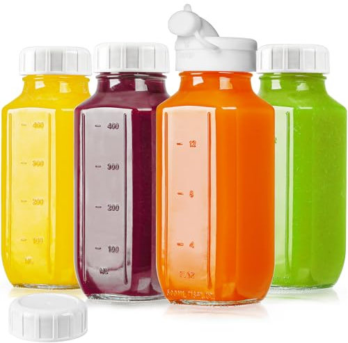 Absovetu 4 Pack Glass Juice Bottles with Lids Airtight 500 ml/16oz - Reusable Milk Storage Bottles Milk Jug with Lid Breastmilk Storage Bottle with Pour Spout Square Glass Water Bottle