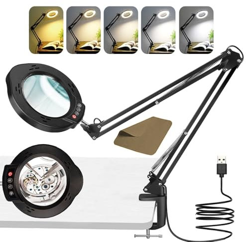 Kevsuvqin Lampada con Lente di Ingrandimento Professionale, 10x Lente di Ingrandimento con Luce, Lampada LEnte INgrandimento con Morsetto e Braccio Orientabile, 5 Modalità Colore, 10 di Luminosità