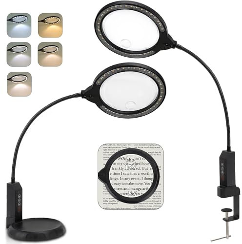 Magnifying Glass with Light and Stand, 15X & 8X Magnifying Lamp with Clamp, 5 Color Lighting Modes Stepless Dimmable LED Desk Lamp Hands Free for Crafts Hobby Reading Painting Sewing Close Work