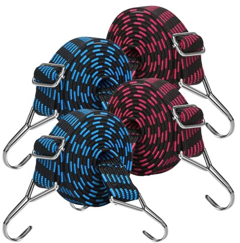Farerkass Pack de 4 Tendeur Elastique Réglables, Tendeurs Elastique avec Crochets, Corde Elastique Plate Tendeur Idéal pour Le Transport de Charges, Vélo, Moto, Voiture, Camping