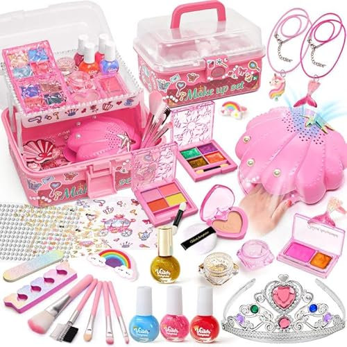 G.C Kinderschminke Nagelstudio Set Mädchen Spielzeug mit Nagellacktrockner Nagellack Waschbare Kinderschminke Tragbare Tragebox, Schminkkoffer Nagelset Kinder Geschenk Mädchen 4 5 6 7 8 Jahre (Rosa)