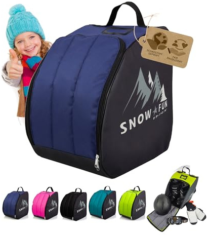 BAMBINIWELT Bolsa para botas de esquí para niños, bolsa para botas de esquí con superficie de soporte integrada, mochila de resistente Cordura, espacio para botas, casco, gafas de esquí y guantes