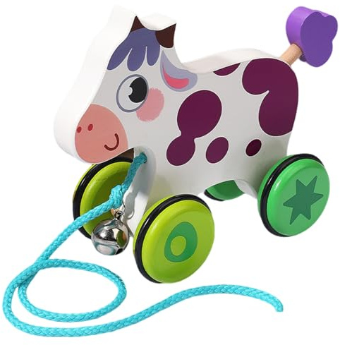Jouets en bois pour bébé, joli jouet à tirer pour bébé en forme de vache avec cloche, jouets bidirectionnels en bois pour tout-petits avec roue antidérapante, jouets de développement à tirer et à pous
