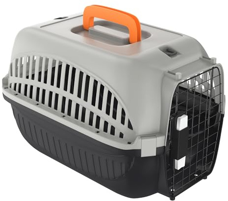 Aufun Hundtransportbur av plast med metallgaller 48 x 32 x 32 cm, transportlåda för små hundar och katter, transportlåda för djur med praktiskt stängningssystem och bärhandtag, grå + svart