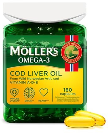 Möller’s ® | Cápsulas de aceite de hígado de bacalao | Ácidos grasos Omega-3 DHA y EPA, con vitaminas A, D y E | Sistema inmune, función cardíaca, función cerebral y visión | 160 cápsulas