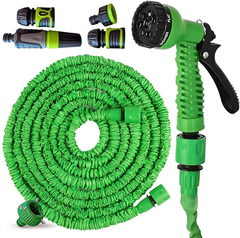 Manguera Jardin Extensible 15 Metros - Manguera de Jardin Enrollable con Pistola Riego de 7 Funciones - Tubo Interior Termoplástico Elastomero (TPE) - Incluye Pistola y Complementos