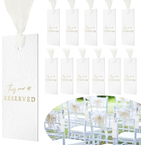 Clabby 12 Pack Reserved Chairs Hanging Signs with Ribbon for Wedding Reception Party Restaurant This Row Is Reserved Signs for Wedding Church Events Pews Chair(Gold)